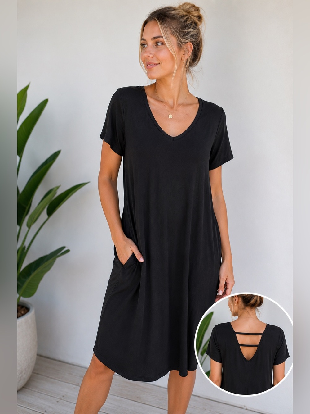 KAVU Black Strappy Back T-Shirt Dress | Casual Stretch Midi Dress | Size Small